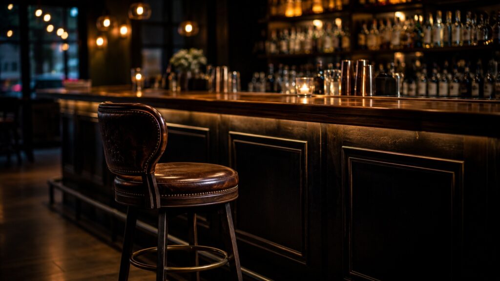 Dimly lit bar with a dark wooden counter and a brown leather barstool in the foreground, warm pendant lights and bottle shelves in the background.