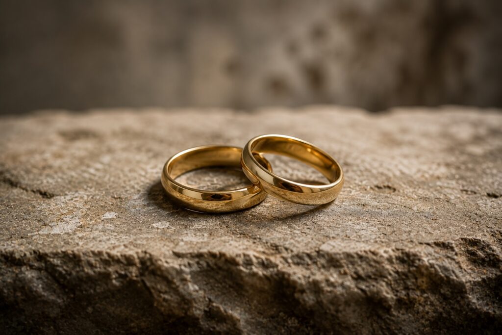 Two gold wedding rings resting on a stone surface, symbolizing God's design for marriage and biblical sexual ethics.