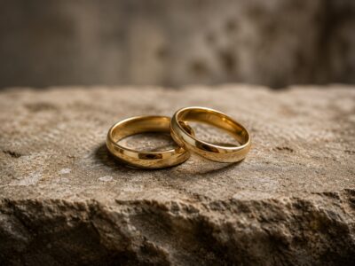 Two gold wedding rings resting on a stone surface, symbolizing God's design for marriage and biblical sexual ethics.