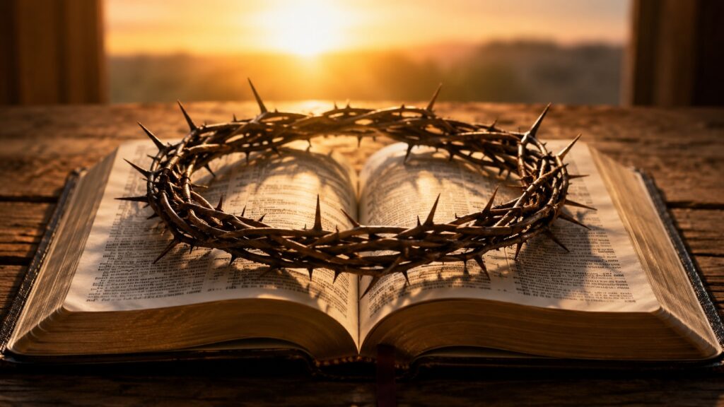 A crown of thorns resting on an open Bible, symbolizing true freedom in Christ through obedience and the sacrifice of Jesus.