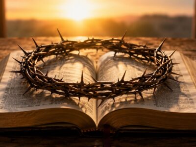 A crown of thorns resting on an open Bible, symbolizing true freedom in Christ through obedience and the sacrifice of Jesus.