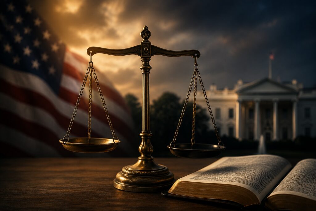 Brass balance scales with an open Bible symbolizing truth and election integrity.