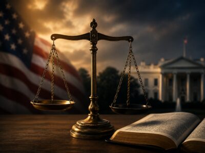 Brass balance scales with an open Bible symbolizing truth and election integrity.